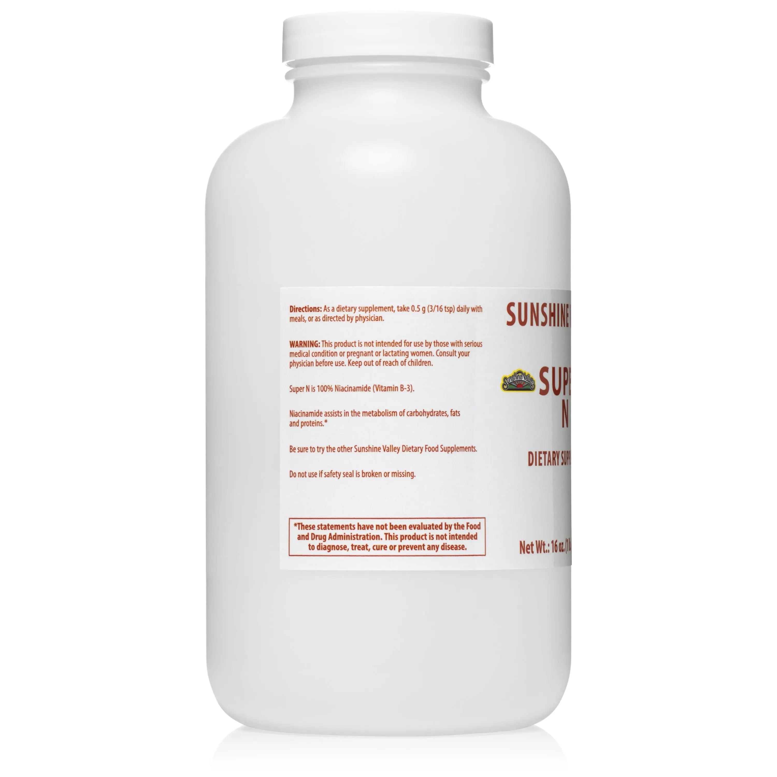 Super N Dietary Supplement Powder – Niacinamide (Vitamin B3) – 16oz Sunshine Valley